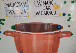 Ilustracja wielkiego garnka z przysłowiem "w marcu jak w garncu"