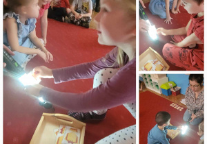 zabawy z latarką - dzieci odczytują co jest umieszczone na obrazku, określają głoskę w nagłosie i wrzucają do odpowiedniego pudełka