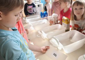 Chłopiec trzyma w eku napis sól