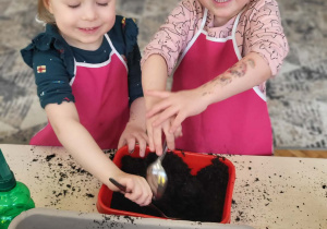 dzieci wsypują łyżkami ziemię do donicy