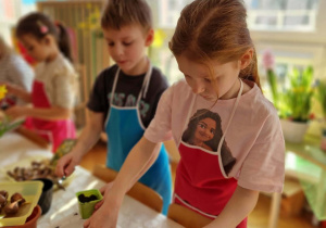 Dziewczynka nabiera ziemię do doniczki