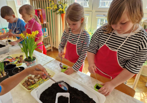 Dzieczynki wsypują ziemię do zielonych doniczek