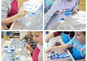 malowanie na folii aluminiowej zimowego obrazka wykorzystując farbę białą i iniebieska