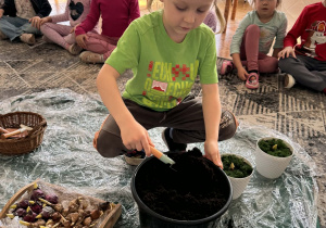 Chłopiec na szpadelek nabiera ziemi