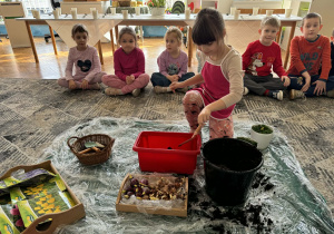 Dziewczynka wsypuje ziemię do skrzynki