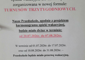 Informacja o turnusach wakacyjnych