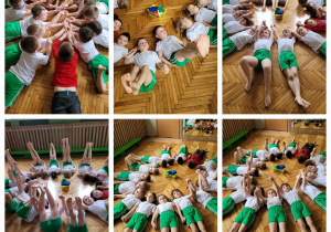 dzieci odpoczywają po ćwiczeniach ułożone w słoneczko na sali gimnastycznej